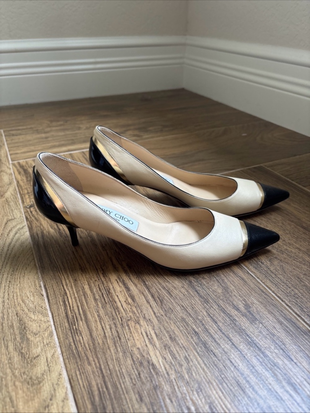 JIMMY CHOO Tritone Color-Block Leather Pointy Toe Pump Kitten Heel Size 38 / 8